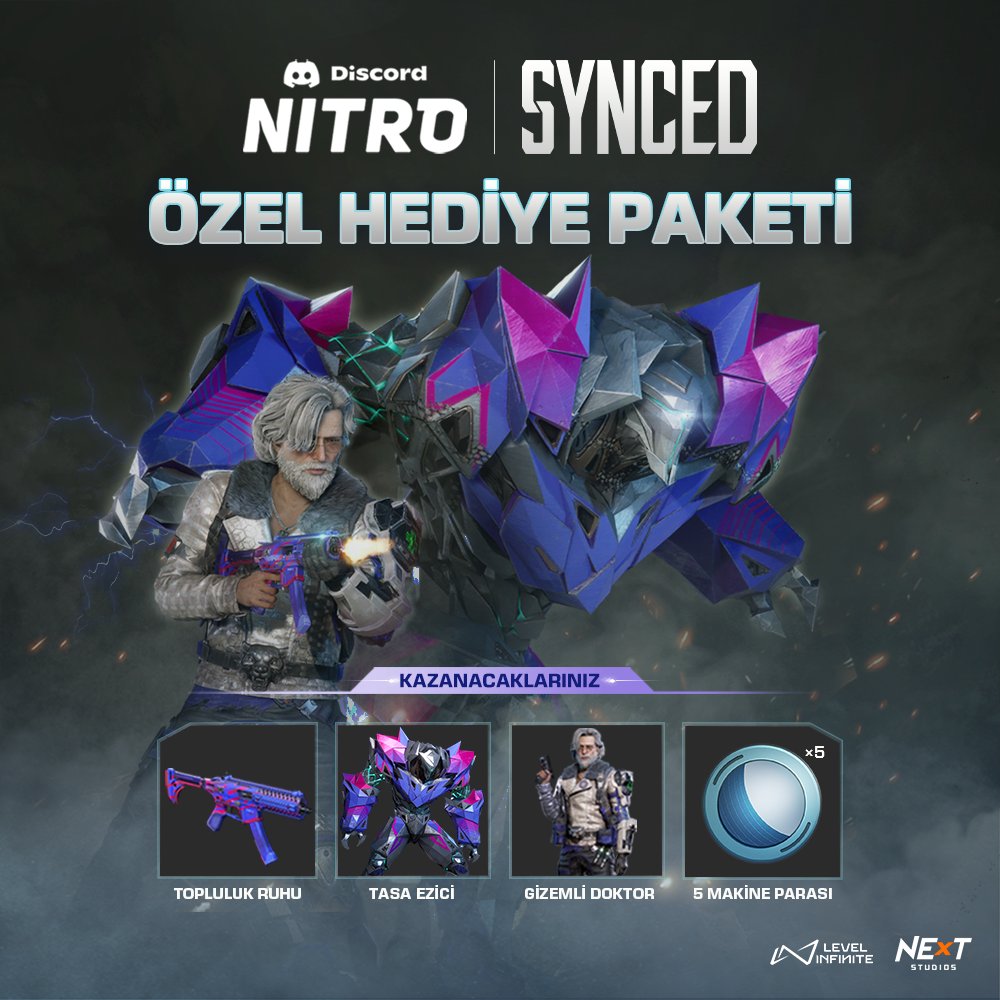 SyncedTR's tweet photo. Discord Nitro Özel Hediye Paketi ile oyunda bir adım öne geç!🚀

Discord Nitro ile şimdi Topluluk Ruhu, Tasa Ezici, Gizemli Doktor ve 5 Makine Parası kazanabilirsin!💰 Özel Hediye Paketini al ve Meridyen'de Nano'larla savaşa atla!💪 https://t.co/GDTcTusFGu