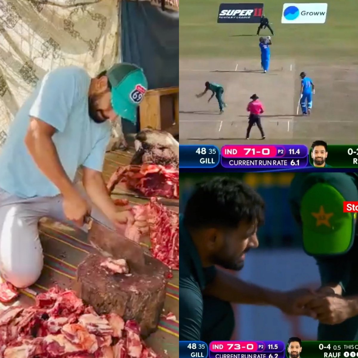 ch4dniket's tweet photo. Haris Rauf was seen cutting holy Cow using his hands few months ago . Today Rohit Sharma targeted him with aggression on the same hand &amp; warned him never to repeat that action again

Rohit Sharma won't forgive you if you go against his country &amp; religion🚩
#INDvsPAK #BHAvsPAK https://t.co/Q7QcHmoh6S