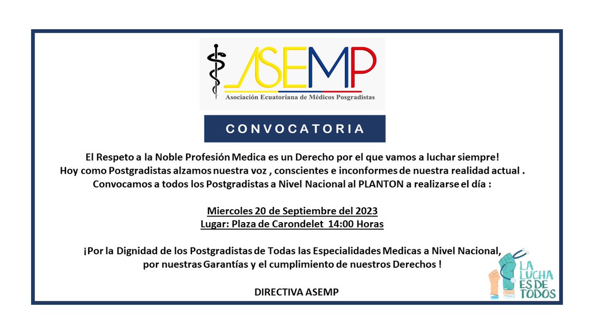Únete al PLANTON NACIONAL
Personal de Salud, Médicos asistenciales, Internos Rotativos, Estudiantes de Medicina, Postgradistas
Esta lucha es de todos y para todos,por nuestro presente y su futuro
APOYA, COMPARTE Y ASISTE!!
<a href="/ANAMER_Nacional/">ANAMER</a>
#LeydePosgrado #PosgradistasSinDerechos