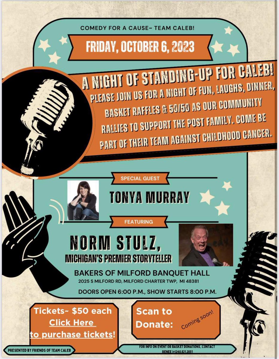 classrmsanders's tweet image. Come join us for a night out and support an amazing family! Laugh the night away 

We’re doing this fundraiser for the Post family. 

***If any of my business owner friends want to donate a gift card/basket/services, PLEASE reach out to me.
teamcaleb.ticketleap.com/comedy-night/d…