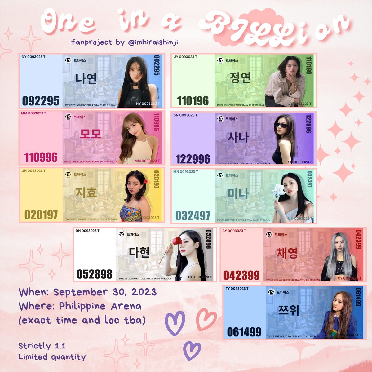 imhiraishinji's tweet photo. εїз 𝘰𝘯𝘦 𝘪𝘯 𝘢 𝘉𝘐𝘓𝘓𝘪𝘰𝘯  ☾    
    mini fan project by yours truly ⋆｡˚♡     

˗ˏˋ HI PH ONCES ! I will be giving away this freebies for twice ready to be world tour in bulacan !  

see you onceuuu .  ̫ .  

#TWICE_5TH_WORLD_TOUR_BULACAN #READYTOBE_IN_BULACAN https://t.co/KxFX8M47ek