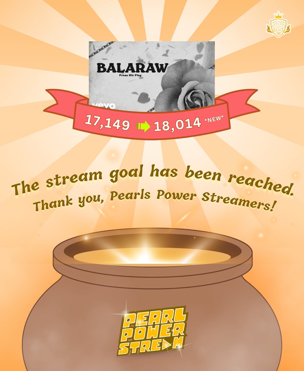 PHPPearls's tweet photo. [PEARLS POWER STREAM]

We've finally achieved the streaming goal for BALARAW Lyric Video. 🎉

Thank you, Pearl Power Streamers! 💛

Stay tuned and watch out for our song of the week! 🎵

#PHP_BALARAW
#PearlsPowerStream
#Press_Hit_Play @PressHitPlay https://t.co/ph6EyHGVth