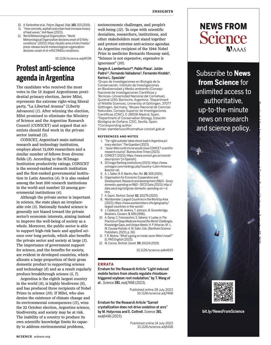 <a href="/ScienceMagazine/">Science Magazine</a> publica carta de Investigadores de Argentina 🇦🇷 y España 🇪🇸 sobre planes Anti-Ciencia - <a href="/Grinbic/">GrInBiC</a>
Leer y compartir
Link: rb.gy/8va13
#ConCienciaArgentina