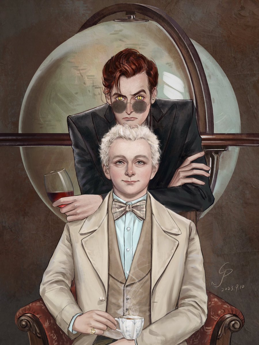 To the world.🍷☕️
Finally finished this piece!!!🎉🎉🎉
 #GoodOmensFanArt #GoodOmens #GoodOmens2 #ineffablehusbands #aziracrow #Aziraphale #Crowley