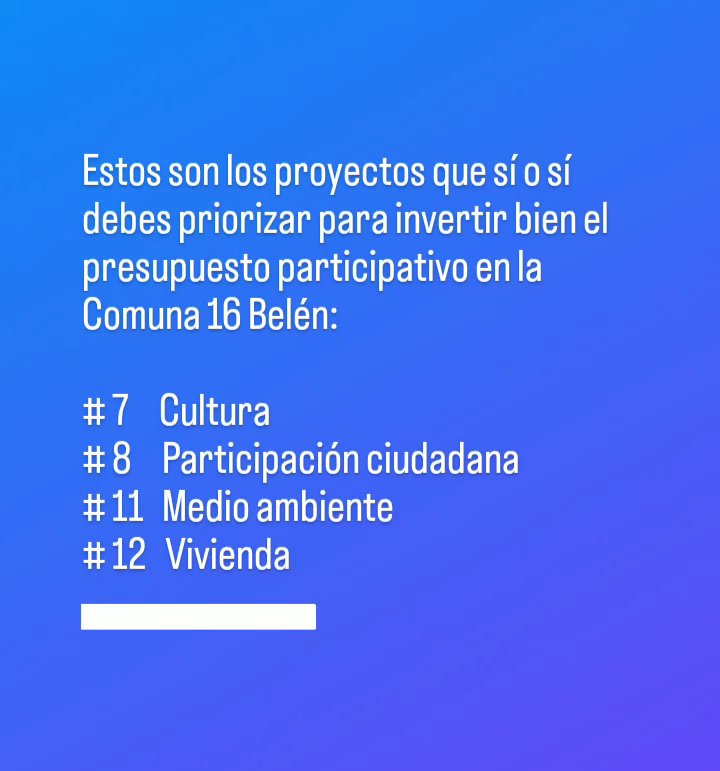 Si el presupuesto participativo bien quieres invertir
Estos cuatro proyectos, en Belén deben seguir
#PDLyPP #Belén #Medellín