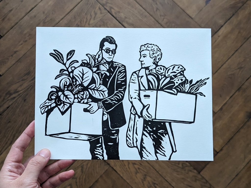 BakerStPrints's tweet photo. A new Good Omens linocut-print:  Crowley and Aziraphale, looking like your parents who just had a big fight at the garden centre. #GoodOmensFanArt https://t.co/GnWmiR7RC7