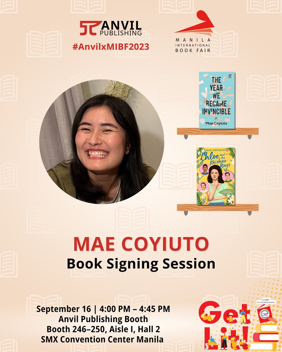 The Manila International Book Fair is happening this week 😱 Say hi and get copies of Chloe and the Kaishao Boys and The Year We Became Invincible signed! Sept 16th 11:30AM-12:30PM: 𝗚𝗘𝗧𝗧𝗜𝗡𝗚 𝗧𝗛𝗘 𝗗𝗥𝗘𝗔𝗠 panel 4:00PM-4:45PM: Book signing session @ the Anvil booth