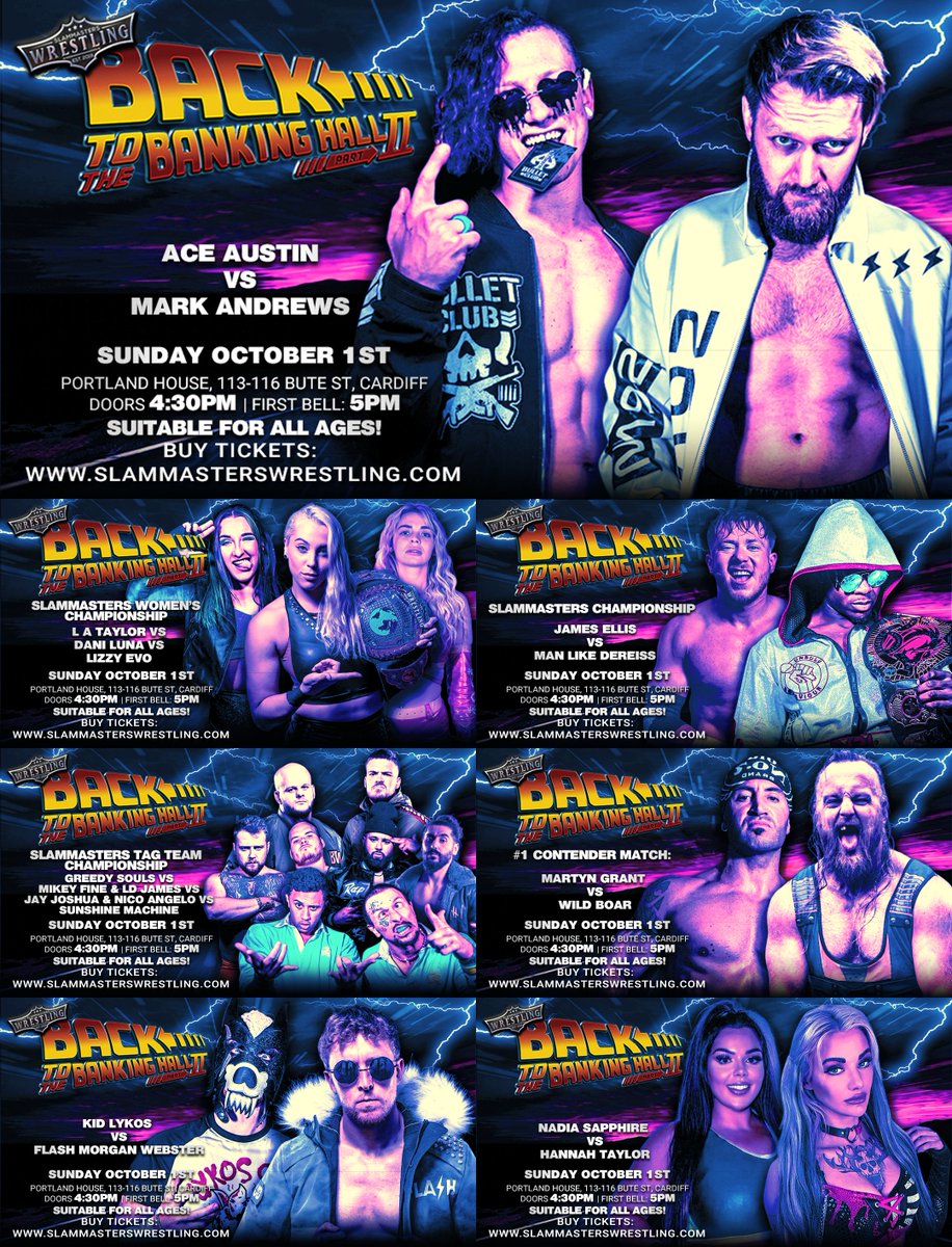 SlammastersWres's tweet photo. In three weeks time...this takes place!

Ace Austin Vs Mark Andrews...
Two title defences
New Tag Champs To Be Crowned...
Debuts by @HannahTaylorPro &amp; @nadia_sapphire...
and more!!

📅 Oct 1st
🎟️ https://t.co/cJrzV171QM 
📍 Portland House, Cardiff Bay 
⏰ Doors: 4:30,Start:5 https://t.co/SN62KnopEW