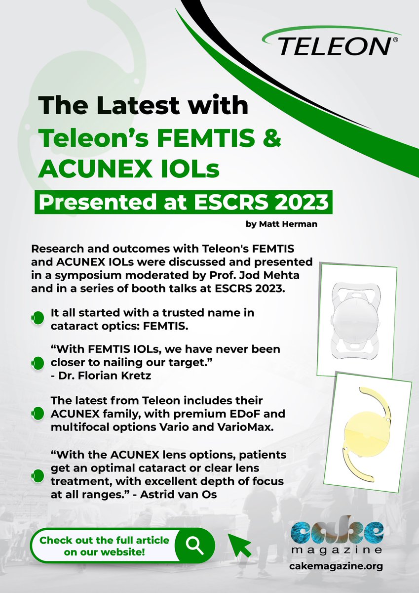 MediaMICEgroup's tweet photo. Teleon unveils the latest data and results from their FEMTIS and ACUNEX IOL families at #ESCRS2023. Read the full article in #CAKEMagazine here: https://t.co/lXDMfHF3tr
#Teleon #FEMTIS #ACUNEXIOL @ESCRSofficial #MediaMICE #IOL #eyecare #ophthalmology https://t.co/diAWfotZeS