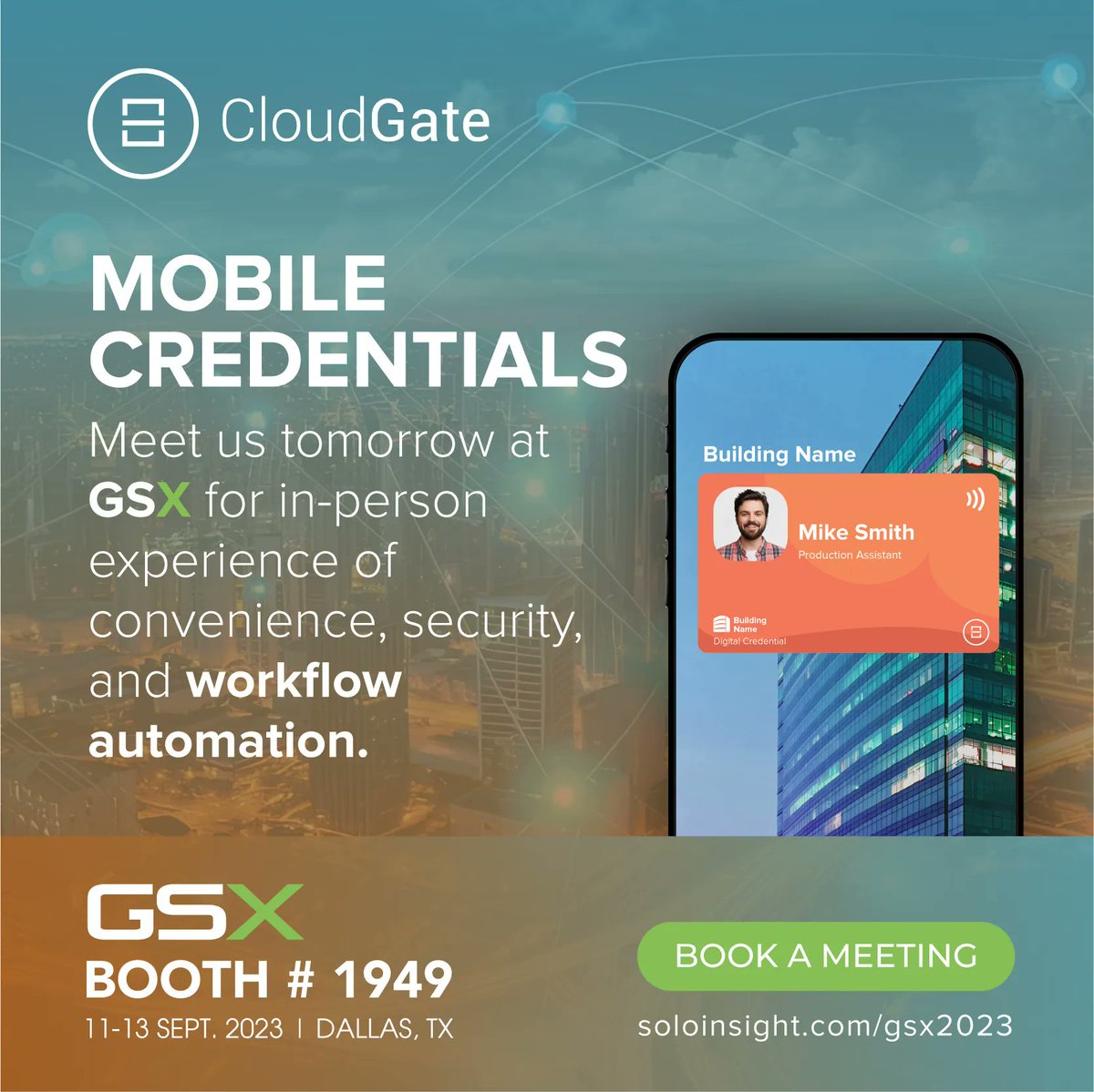 Soloinsight_Inc's tweet photo. JUST 1 DAYS TO GO UNTIL #GSX2023! Tomorrow, #Soloinsight will be showcasing our #MobileCredentials, a stunning new feature offered via #CloudGate platform. Experience first hand the power of #NFC.
Book Meeting https://t.co/8NEysvnREW
#GSX #HybridWork #NFCWallet https://t.co/MyztIduaIO