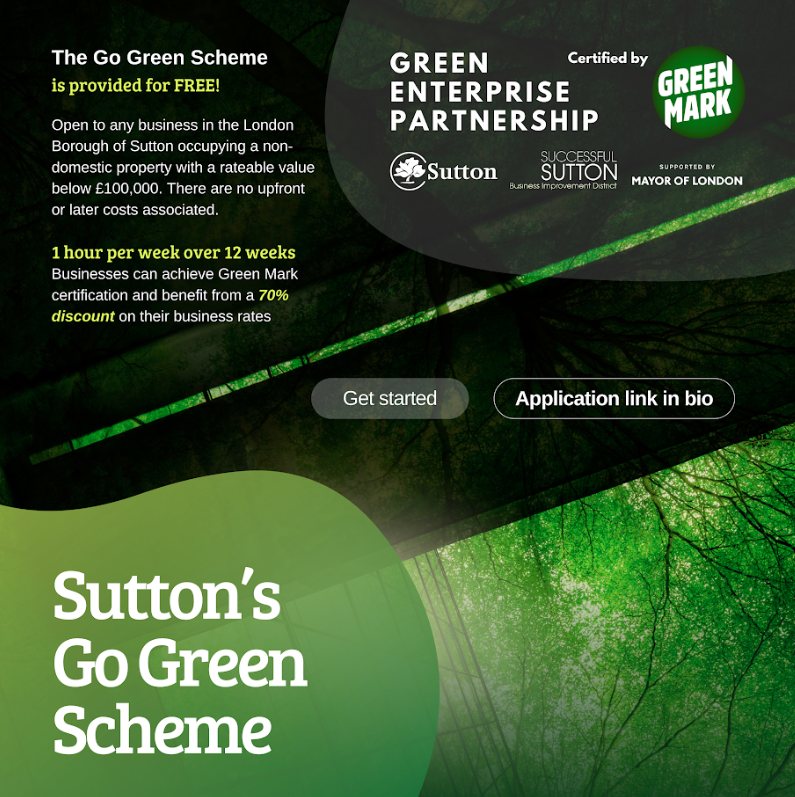 The Go Green Scheme is back. Applications are now open! 🎉

Are you a small business owner in Sutton?

Do you want a 70% discount on your business rates? 💚

Apply now and find out more👉 sutton.gov.uk/gep   <a href="/GEP_Sutton/">Green Enterprise Partnership</a> <a href="/LBSEnvironment/">Sutton Green Scene</a>