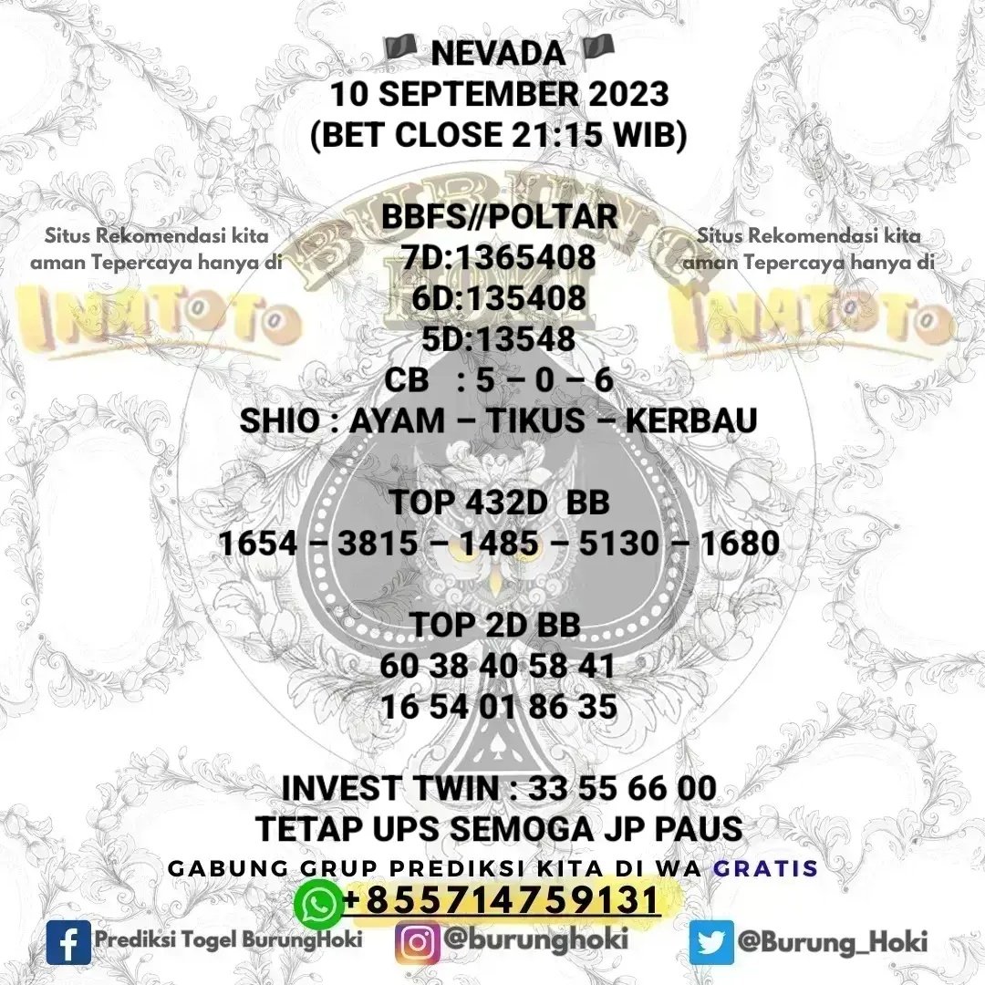Burung_Hoki's tweet photo. Prediksi BurungHoki untuk (NEVADA 10/09/2023)
Prediksi togel ini Gratis tanpa mahar apapun ya.
Jadikan perbandingan saja.
Join Group? silakan cek profile saja ya guys

#togel #togelovers #togelnevada #angkatogel #prediksinevada #inatogel #prediksitogelhariini #togelindonesia https://t.co/HBY6Qf2KcL