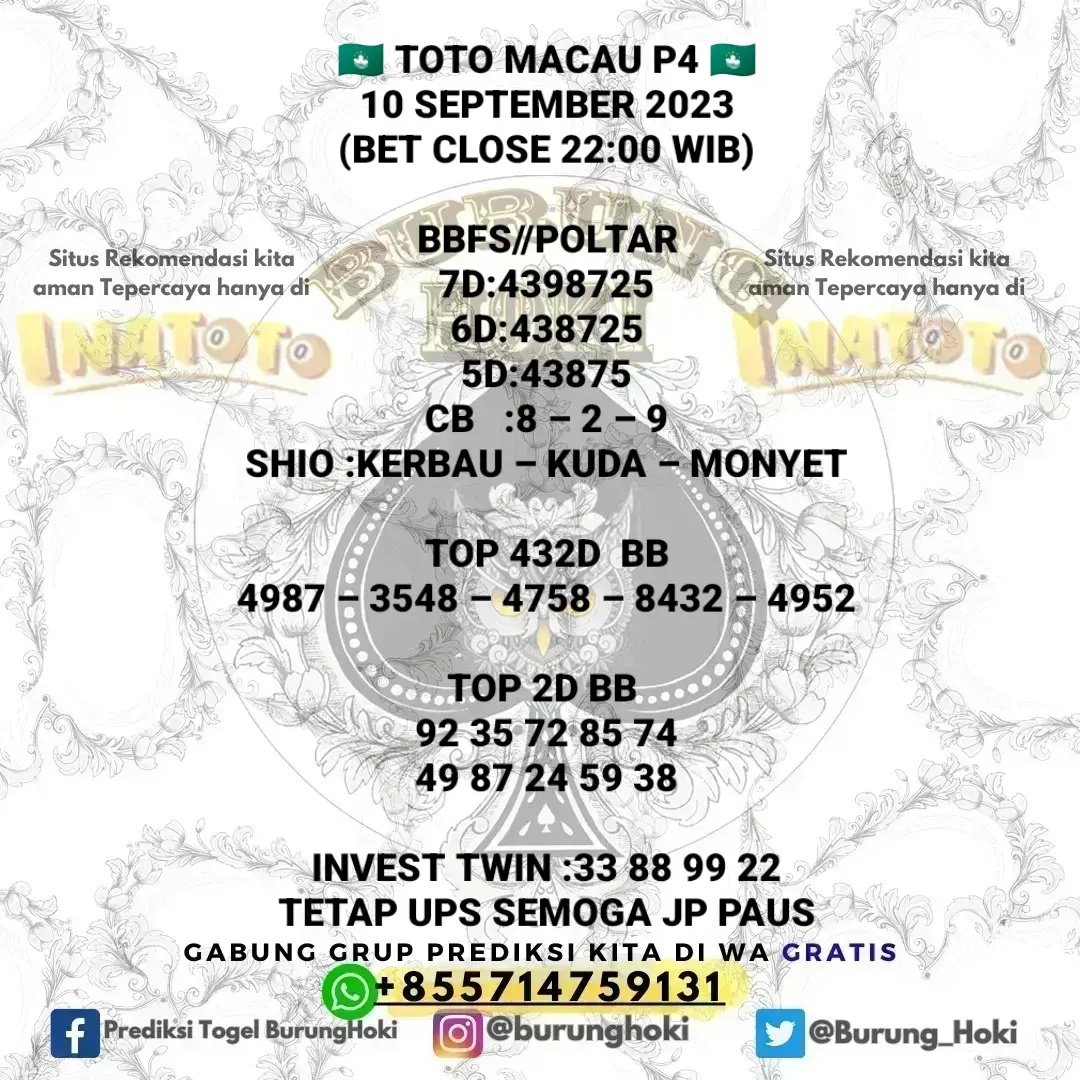 Burung_Hoki's tweet photo. Prediksi BurungHoki untuk (TOTOMACAU P4 10/09/2023)
Jadikan perbandingan Tetap Utamakan Prediksi Sendiri.
Join Group dan situs terpercaya? silakan cek profile saja

#togelindonesia #prediksitogel #bocorantogel #togelovers #totomacaupools #totomacau #prediksimacau #togelhongkong https://t.co/ICP6Of2imu