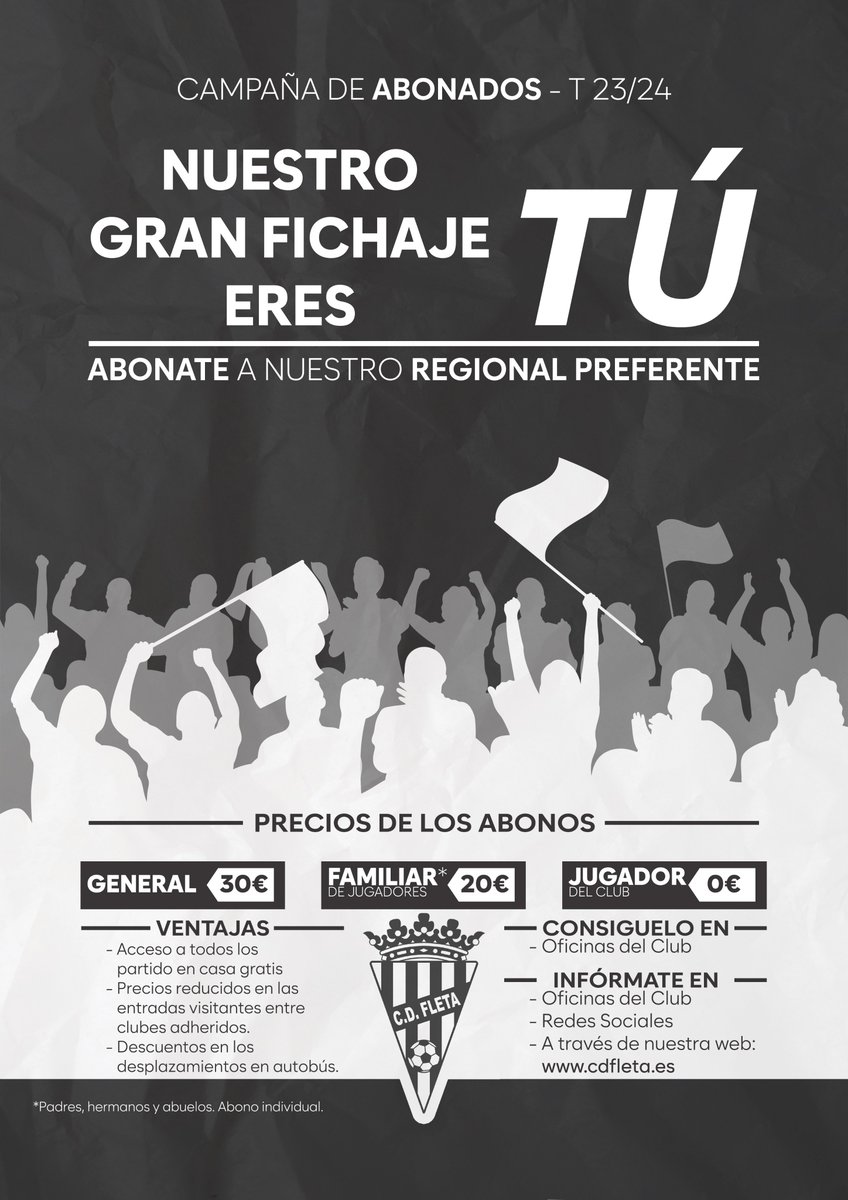 fleta_cd's tweet photo. ¡¡ABÓNATE A NUESTRO REGIONAL PREFERENTE!!⚽

Este año más que nunca, os necesitamos!!🎉

Aquí os dejamos los precios de nuestros abonos para esta temporada.🎫
No dudéis en apuntaros. https://t.co/m12CAY87qz