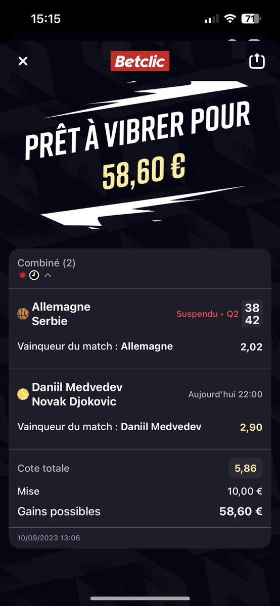 MeVTR_Prono's tweet photo. 👀 Bet du Jour ⚡️

•Schroder 20+ et Allemagne win : 5€➡️21,25€
•➕171,5 pts dans le match : 10€➡️20€
•Afrique du Sud + Danemark : 5€➡️9,9€
•Japon/Chili -66,5 pts + Siegemund : 5€➡️12,2€
•Medvedev + Allemagne : 10€➡️ 58,60€

35€➡️120,95€

Des finales on vibre ⚡️⚡️ https://t.co/AT50ieyTPv
