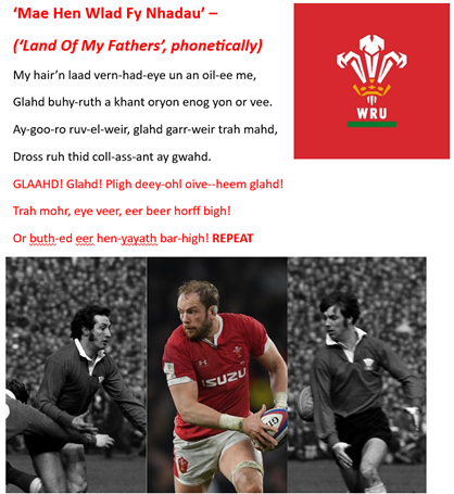 marcellus1971's tweet photo. I can't be the only English-speaking rugby fan wanting to sing along tonight to the greatest rugby national anthem - along with 'La Marseillaise', of course.

For those of us not from 'Cwm Rhondda', here is a phonetic version:

@SquidgeRugby, how's that?! https://t.co/ZXrArlWK9g