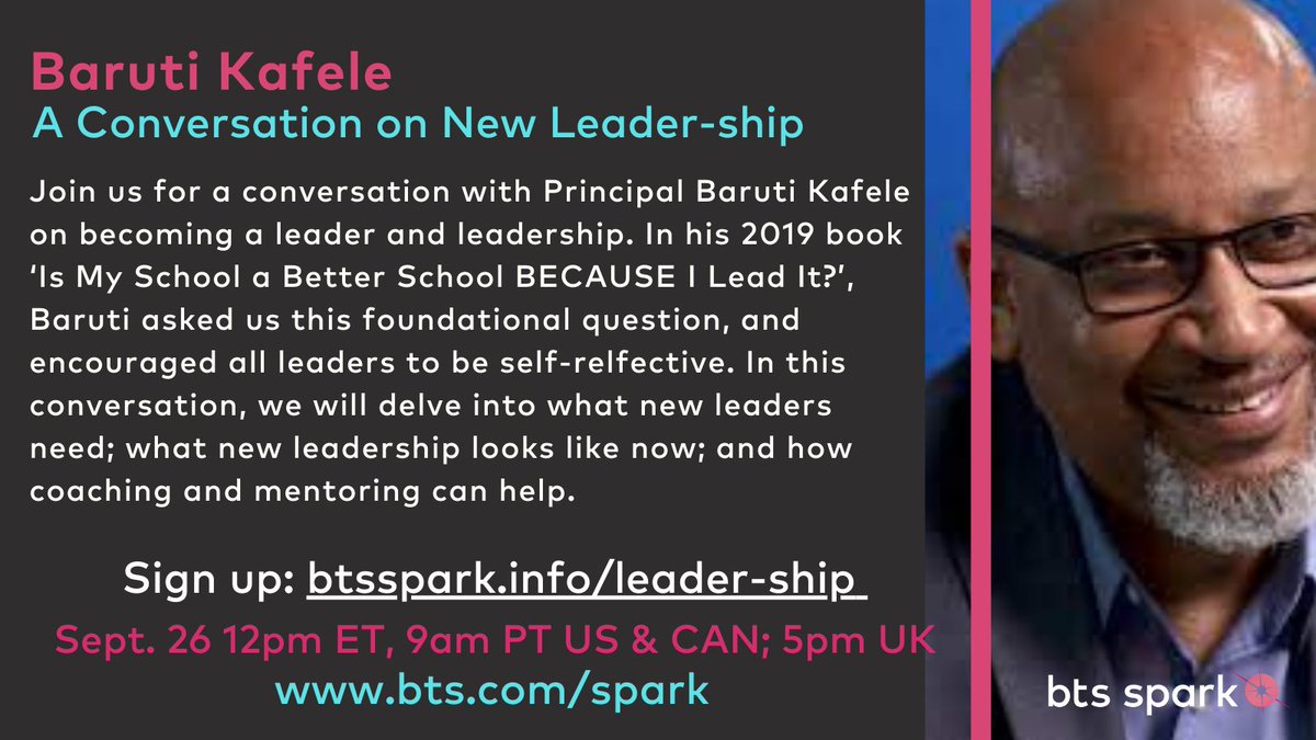 Join us for a conversation with @ascd author @PrincipalKafele on New Leader-ship. Sept. 26 12pm ET reg at btsspark.info/leader-ship #btsspark #educationalleadership