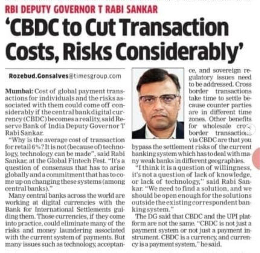 💰 RBI Deputy Governor T Rabi Sankar Highlights CBDC Benefits 💡

Key Points:

1⃣ CBDC could slash transaction costs and reduce risks significantly.

2⃣ Global payment transactions may become more efficient with CBDC adoption.