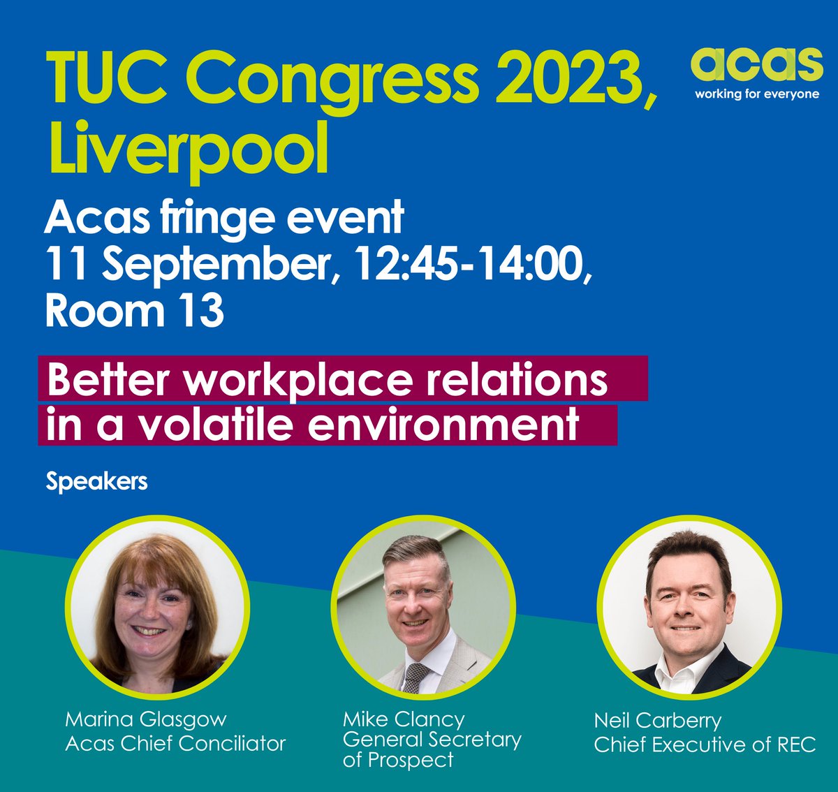 Our General Secretary <a href="/mikeclancy1/">Mike Clancy</a> will be speaking at <a href="/acasorguk/">Acas</a>’s fringe at TUC Congress.

Hear how we build better workplace relations in every workplace, with Mike, Marina Glasgow and <a href="/RECNeil/">Neil Carberry</a>

Tomorrow 1245 in Room 13. 

#TUC23