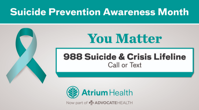 AtriumHealth's tweet photo. Today is World Suicide Prevention Day. 132 people die by suicide every day in the United States. We can prevent this together.   

If you need help, call Atrium Health's 24/7 Behavioral Health Help Line at 704-444-2400 or call or text 988 for the Suicide &amp; Crisis Lifeline. https://t.co/Hs6rYir5tf