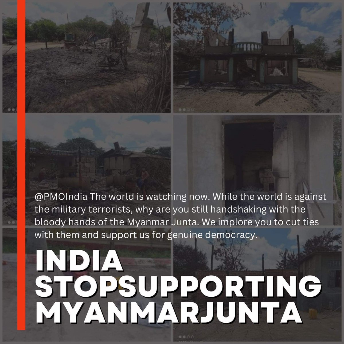 We humbly appeal to our neighbouring country, India, to stand with us. Please show your solidarity by cutting all the ties with the Junta while we are striving for democracy . 
 #India_StopSupportingMyanmarJunta
#G20Summit2023
#G20India