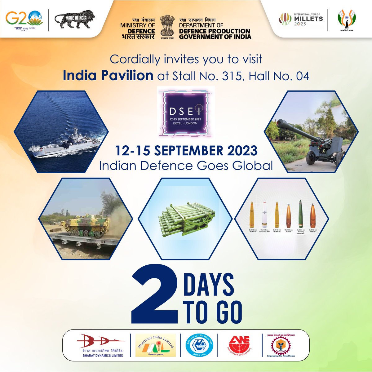 Only 2 days remain for Indian defence excellence to go truly global at DSEI 2023. 

#DSEI2023 #IndianDefence #GlobalExcellence #DefenceInnovation #IndianPride