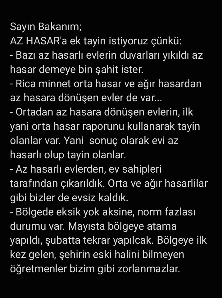Evi Az Hasarlı öğretmenler olarak biz de depremi yaşadık, biz de evsiz kaldık. Bizi hor görmeyin lütfen. <a href="/Yusuf__Tekin/">Yusuf Tekin</a> <a href="/cftcblnt/">Bülent ÇİFTCİ</a> <a href="/tcmeb/">Millî Eğitim Bakanlığı</a> <a href="/_aliyalcin_/">Ali YALÇIN</a> <a href="/kademozbay_/">Kadem Özbay</a> <a href="/sorogretmenim/">Sor Öğretmenim</a> <a href="/ogretmenlersyfs/">Öğretmenler Sayfası</a> <a href="/TRogretmen/">Öğretmen TR 🇹🇷</a>