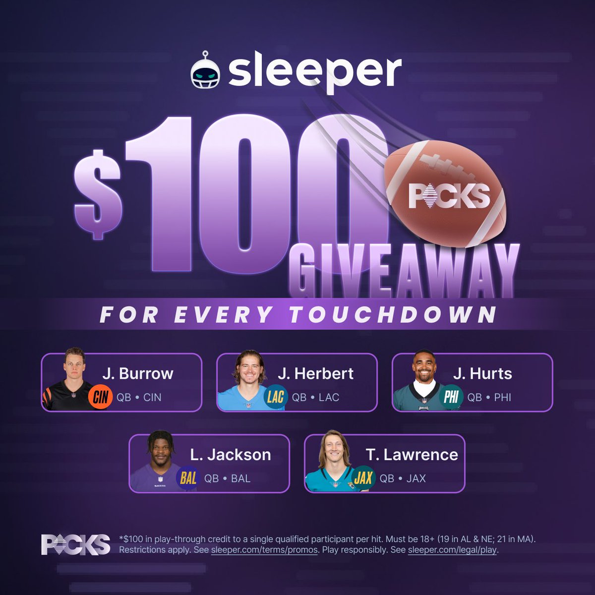 SleeperPicksHQ's tweet image. For every TD these QBs throw today, we&apos;re giving $100 play-through to someone who... 🤑

- likes &amp;amp; RTs
- replies Sleeper username
- is following @SleeperPicksHQ