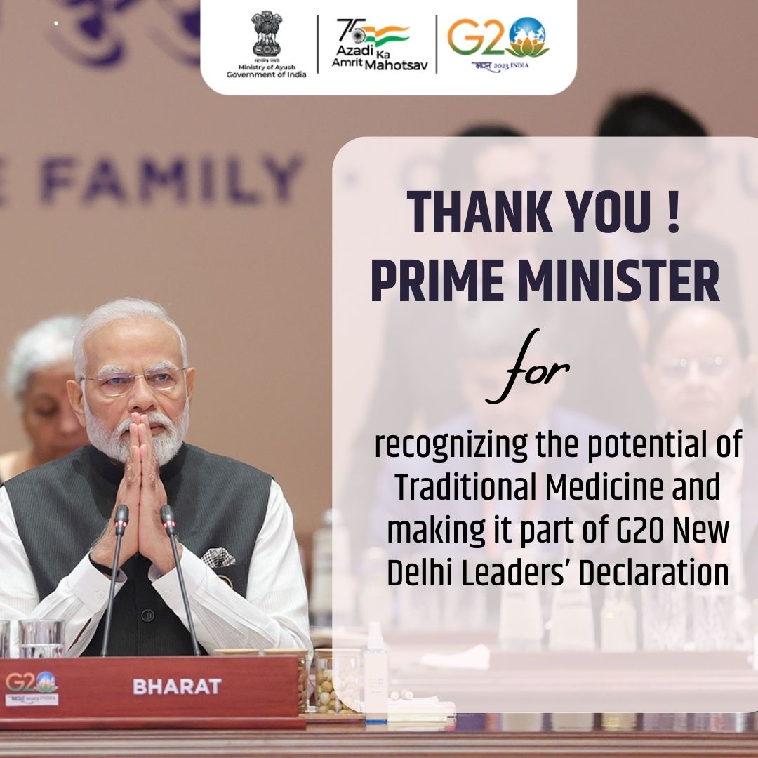 BapuBhawan's tweet photo. Thank You Hon’ble Prime Minister Shri Narendra Modi 

Inclusion of Traditional Medicine in G20 New Delhi Leaders’ Declaration will elevate it to global prominence. India will be at the forefront leading this transformation.  

#Ayush #HealthForAll https://t.co/dwD7zXTazy