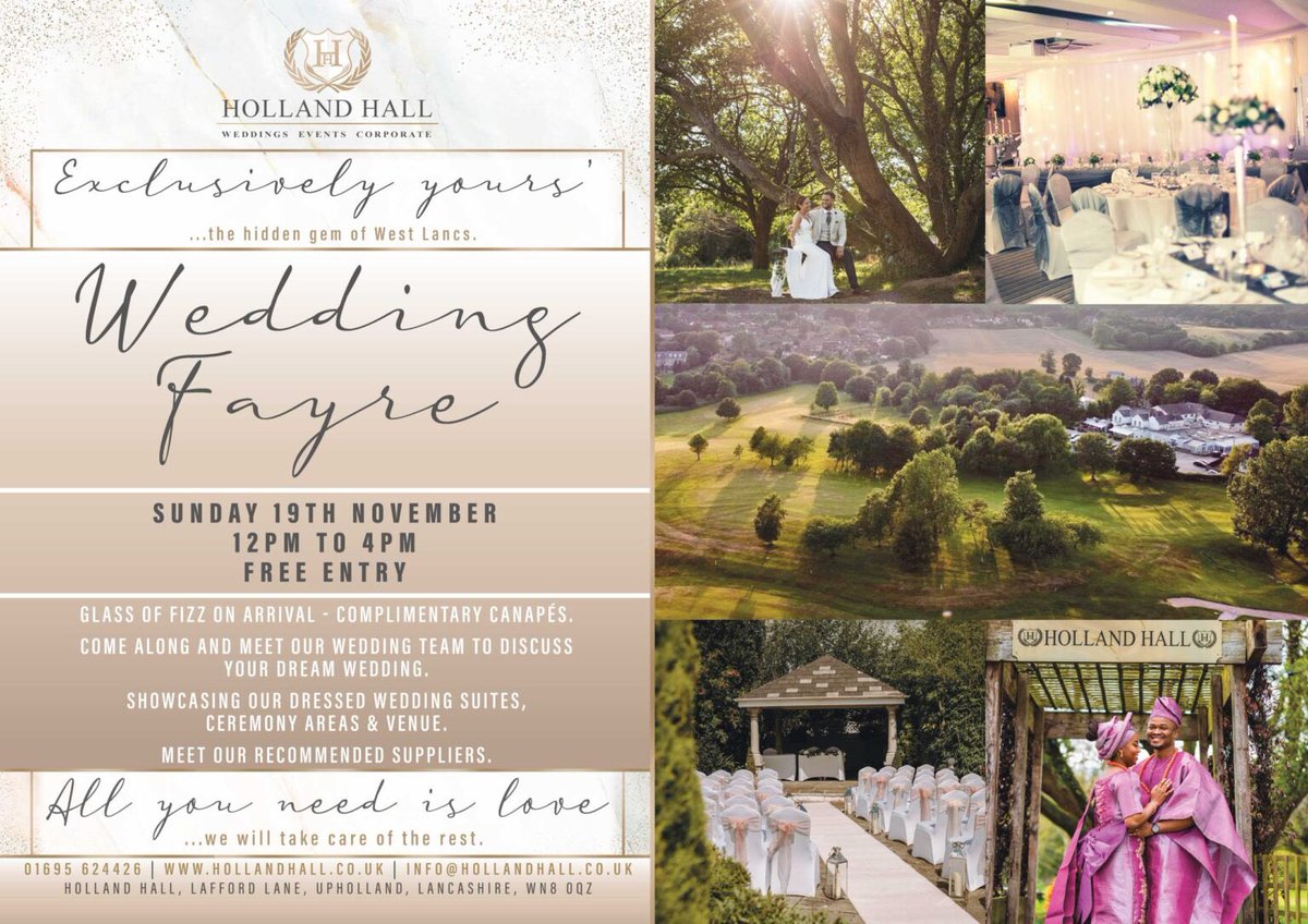 Holland Hall Wedding Fayre - Sunday 19th November - 12pm - 4pm! Free Entry, Glass of Fizz on arrival and complimentary Canapés! 💗🤍🍾

#weddingfayre #Lancashire #weddings2023 #DreamVenue #venueforallseasons #hiddengem #Weddings2024 #BespokeWedding #Weddings2025 #Wedding #Love