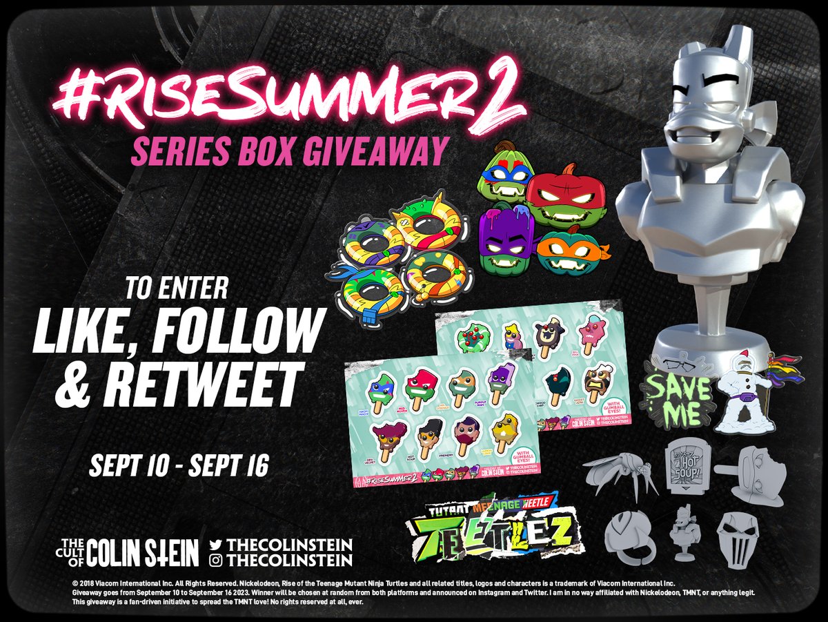 TheColinStein's tweet photo. This is your chance to win a #RiseSummer2 Series Box! It's filled with a  bunch of #RiseoftheTMNT merch I've made over the years including Donnie's titanium bust! Like and retweet this post to enter! Winner will  be picked 9/16. 🍕 Hot Soup! https://t.co/vOriIjR7x9