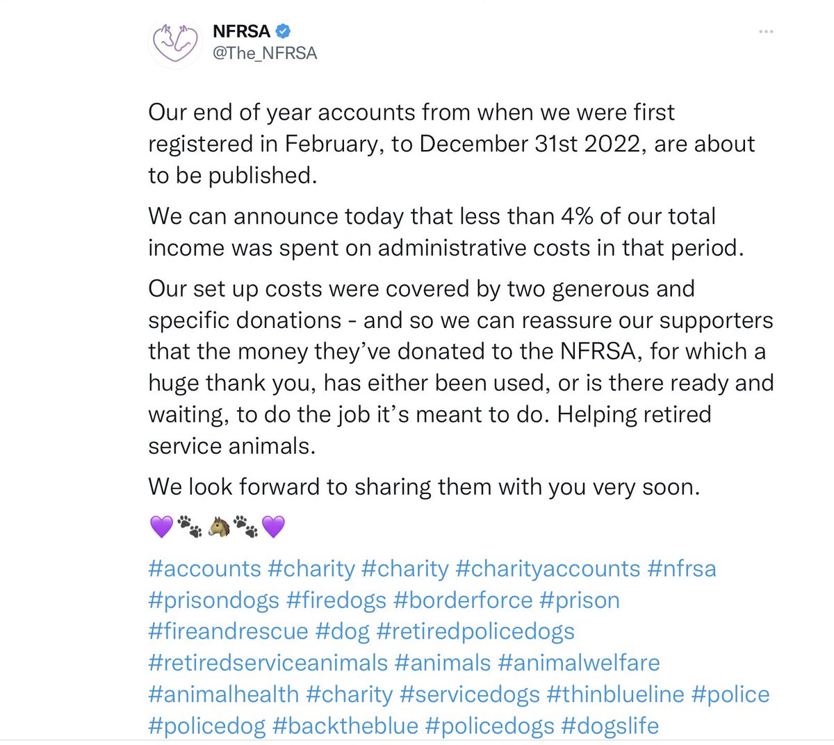 Charities I support @AssociationRPDs @The_NFRSA focus on Welfare Care for RetiredServiceAnimals 
Overheads are kept to a minimum which is essential 
Donations are treated with Respect It’s the Animals that Matter
Account Management is Important 
@K9memorialUk @MA_PurplePoppy