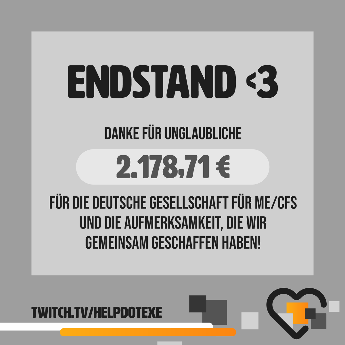 Ein großes Dankeschön an jeden Einzelnen von euch, der uns auf welche Weise auch immer unterstützt hat an diesem krassen Wochenende! Wir freuen uns riesig über 2.178,71 € für die <a href="/dg_mecfs/">Dt. Ges. für ME/CFS</a>! 🧡
#helpdotexe #betterplay #twitchDE #charity