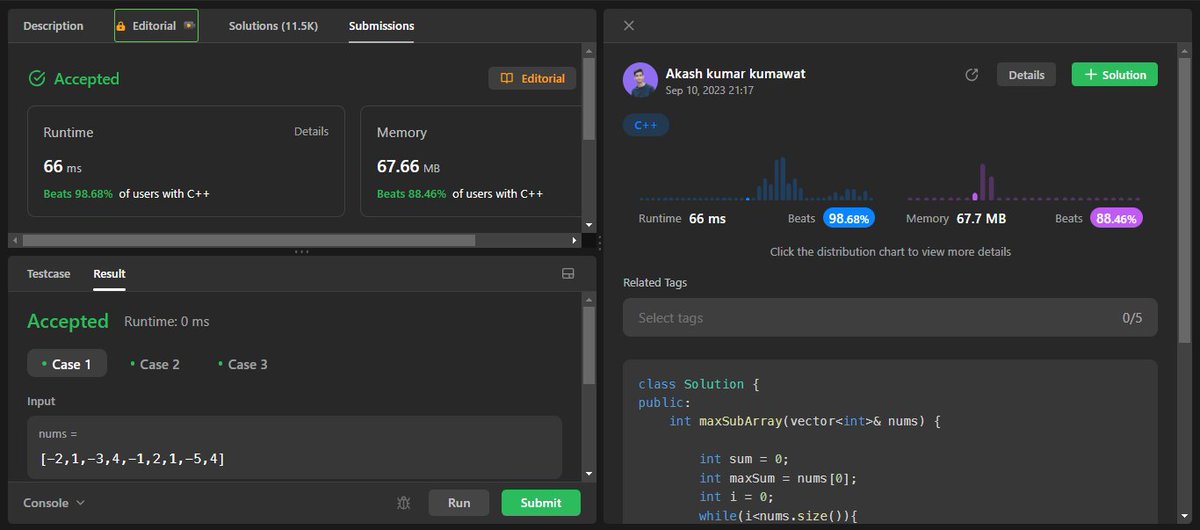 akashkumawatt's tweet image. 🚀 Day 31 of #100DaysOfDSA in C++ - What a ride! 🎉
LeetCode Problems->
->39. Combination Sum 🧩
->53. Maximum Subarray 📈
💪 Excited to share solutions on my GitHub 📂💡.
🔗GitHub:github.com/Akash1000x/100…
#LeetCodeSolutions #CodingAdventures #problemsolving #DSA