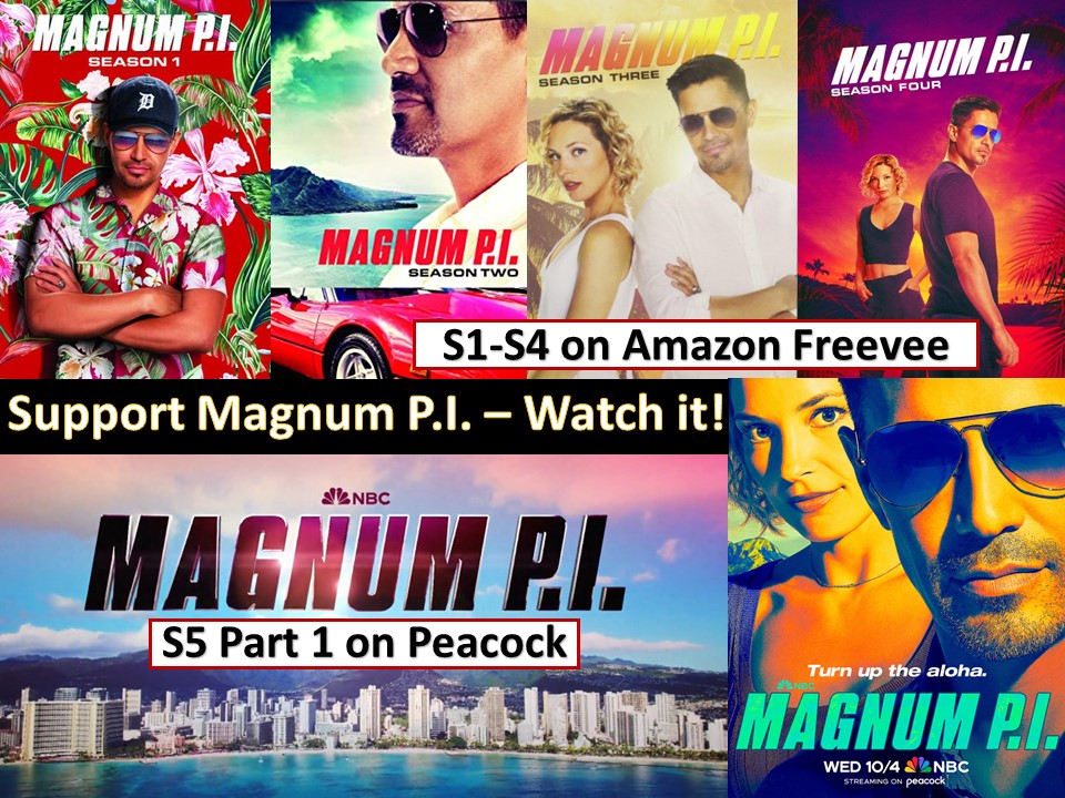 #MagnumPI fans who want @NBC to #RenewMagnumPI should support the show by streaming on Freevee (S1-S4) and on Peacock (First 10 episodes of S5)! And don't forget to tune in when the show returns on NBC on Oct. 4 with new S5 episodes!