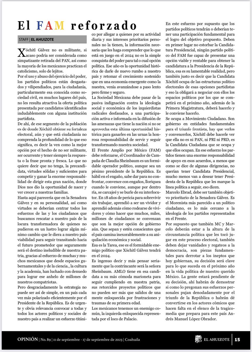 sam6604's tweet photo. Excelente Artículo del Staf de Revista @AhuizoteR “
El @FrenteAmplioxMX Reforzado”
Y Excelente Artículo también de @FerUrbano “Pobre Claudia” en la misma revista!!Gran Domingo Amig@s!
@chugasmva https://t.co/d60lfobhdd