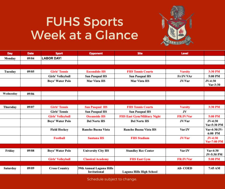 FUHSDofficial's tweet photo. Come out and support our Warrior athletes this week!
๐ฉ https://t.co/MlqWkuz31j
#FallbrookWarriors #FUHS #FHS #FallbrookHigh #Fallbrook #Warriors #FallbrookSchools #HighSchools #SouthernCalifornia #California #Schools https://t.co/Oli8Kr378L