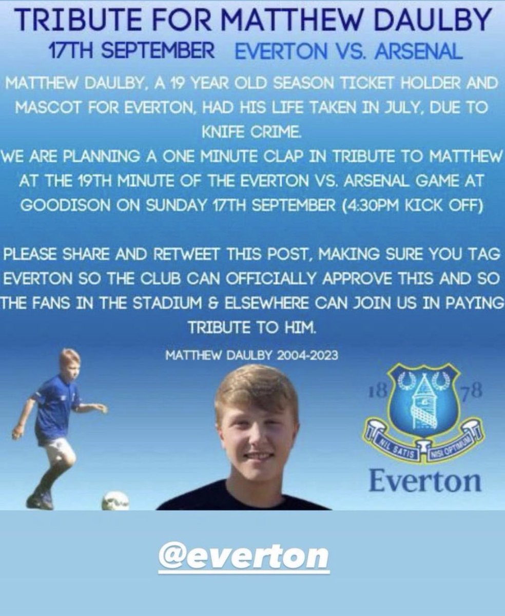 Benjwinst's tweet image. Can everyone RT this to spread the message far and wide for the tribute to Matthew Daulby  @Everton 🔵