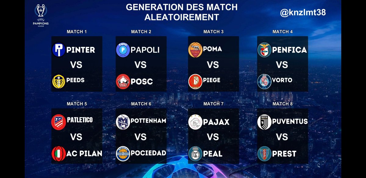 𝙊𝙁𝙁𝙄𝘾𝙄𝙀𝙇 ! 🎩

Voici les tirages des 1/4 de 𝙋𝙤𝙣𝙛𝙚𝙧𝙚𝙣𝙘𝙚 𝙇𝙚𝙖𝙜𝙪𝙚 🟢, 1/4 de 𝙋𝙚𝙪𝙧𝙤𝙥𝙖 𝙇𝙚𝙖𝙜𝙪𝙚 🟠 et 1/8eme de 𝙋𝙖𝙢𝙥𝙞𝙤𝙣𝙨 𝙇𝙚𝙖𝙜𝙪𝙚 🔵