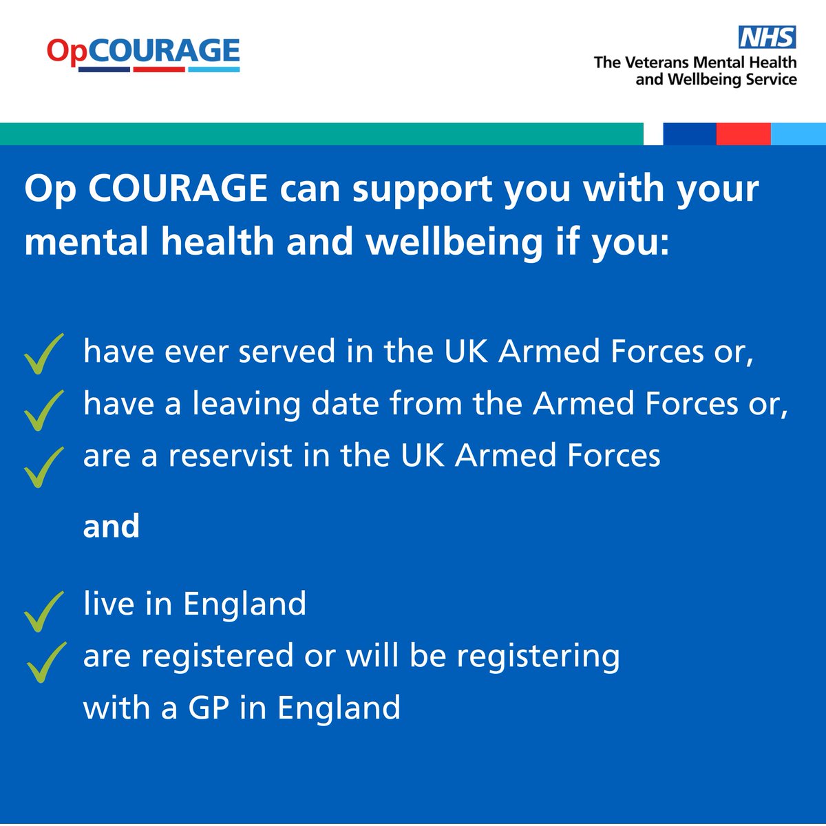 #OpCOURAGE is a dedicated NHS service for those who have served in the UK #ArmedForces, living in England. Find out more at nhs.uk/opcourage #Veterans