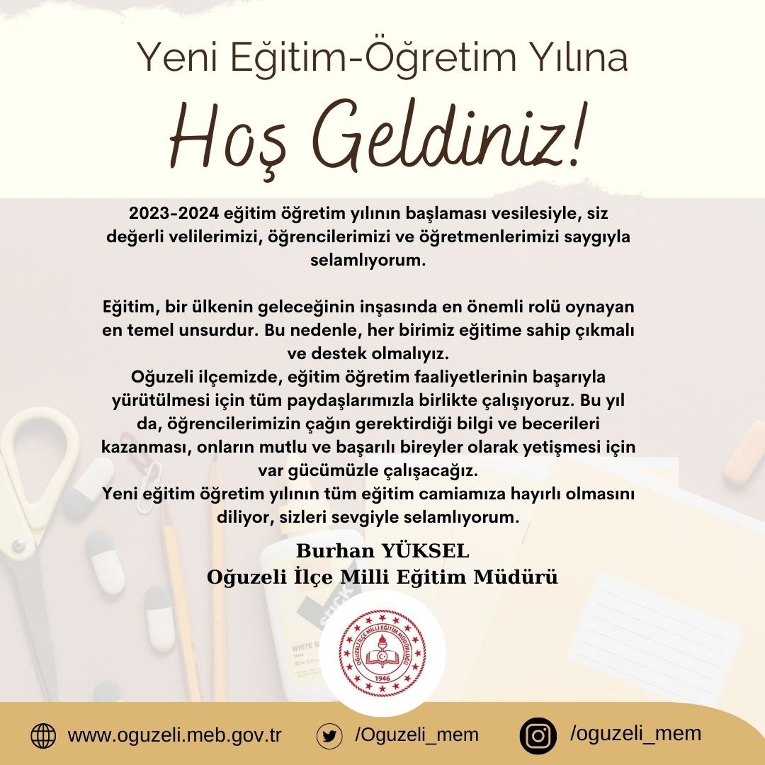 2023-2024 Eğitim Öğretim Yılı Açılış Törenimize bekliyoruz. Yeni eğitim öğretim yılının tüm öğretmen, öğrenci, veli ve idarecilerimiz için hayrlı olmasını diliyoruz. #ilköğretimhaftası