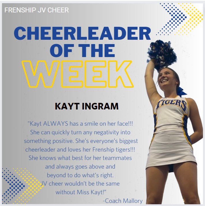 FrenshipHSCheer's tweet photo. CONGRATS TO OUR CHEERLEADERS OF THE WEEK!
Huge shoutout to
Varsity π£ Tatum
Varsity π£ Alison
JV π£ Kayt
Freshman π£ Aubry & Cambell
#FRFFTPFTS #WeAreFrenship #ShipCheer2023 #FHSCheerleaderOfTheWeek3 https://t.co/nSZ1ZwcnEU