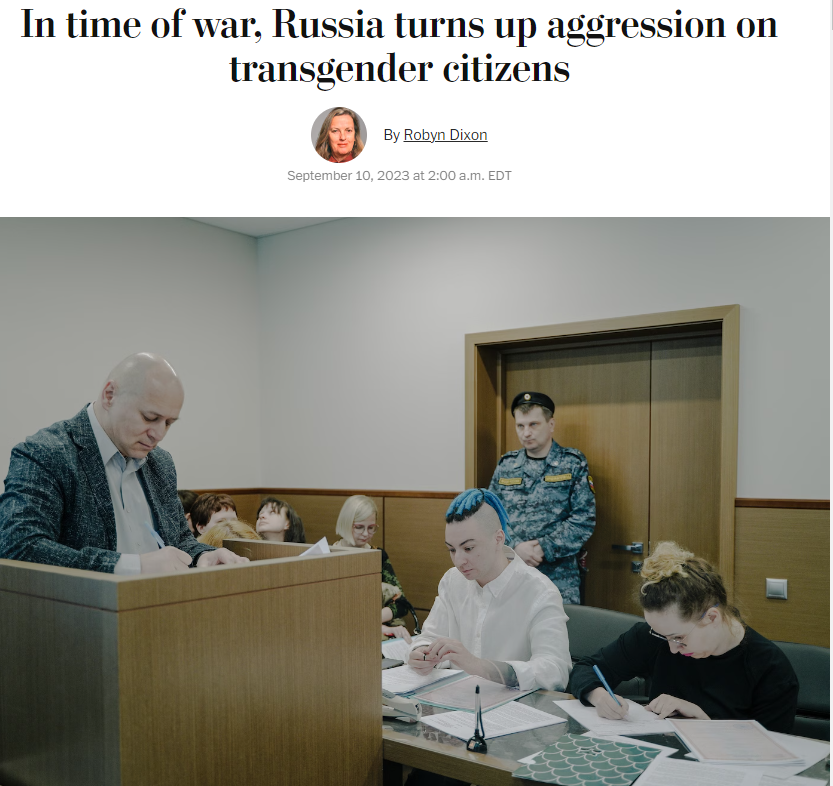 This is a picture of a nonbinary trans person being charged with 'LGBT propaganda' in Russia. The Heritage Foundation's 2025 Project intends the same in the USA. Being trans is outlawed in Russia. All gender affirming care is banned. This is what the GOP wants for America.