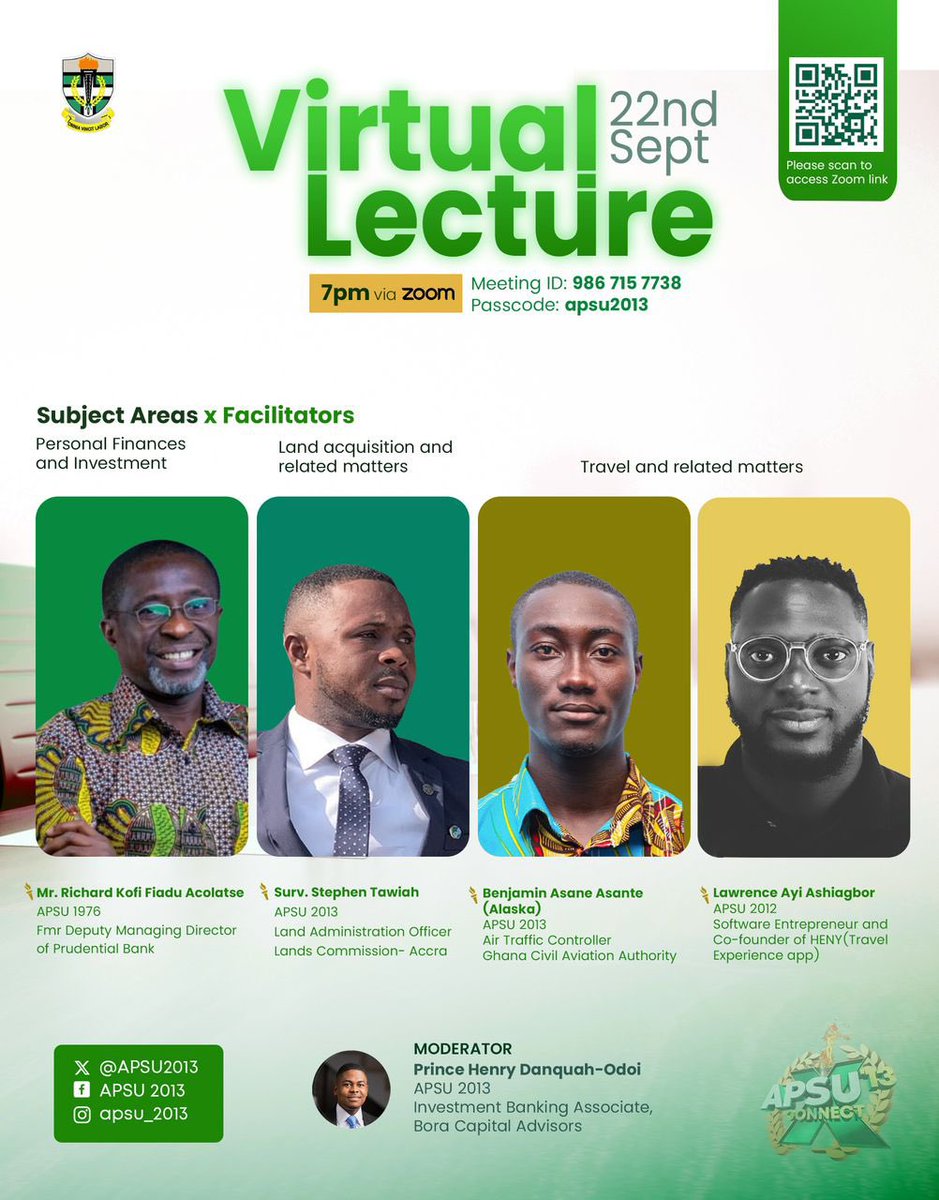 Join us on Friday, 22nd of September via Zoom as we discuss issues as apply in our daily lives. We have carefully curated a seasoned panel for these discussions. 

Sessions
1️⃣ Personal Finances and Investment
2️⃣ Land acquisition and related matters
3️⃣ Travel and related matters