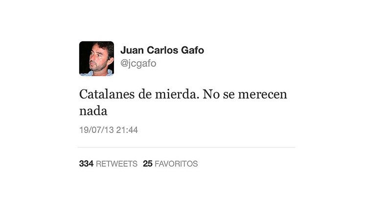 Natalia Sancha (@nataliasancha) on Twitter photo <a href="/jcgafo/">Juan Carlos Gafo</a> fue cesado a las 48h de tuitear durante los mundiales de natación “Catalanes de mierda. No se merecen nada”. Aquí sí ofreció disculpas. Tampoco dejó mucha huella en su expediente pq se le destacó c cónsul de 🇪🇸 en Australia <a href="/ConsuladoEspMel/">ConsuladoEspañaMelb</a> y después en Ginebra <a href="/EspZurich/">ConsuladoEspZurich</a> <a href="/jcgafo/">Juan Carlos Gafo</a> fue cesado a las 48h de tuitear durante los mundiales de natación “Catalanes de mierda. No se merecen nada”. Aquí sí ofreció disculpas. Tampoco dejó mucha huella en su expediente pq se le destacó c cónsul de 🇪🇸 en Australia <a href="/ConsuladoEspMel/">ConsuladoEspañaMelb</a> y después en Ginebra <a href="/EspZurich/">ConsuladoEspZurich</a>