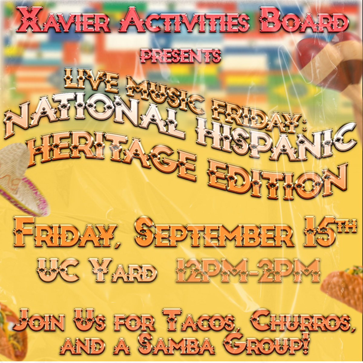 Pop out to the Yard on Friday as XAB celebrates National Hispanic Heritage Month!🥳There’ll be tacos, churros, and even a Samba group! Beat us there!🤪