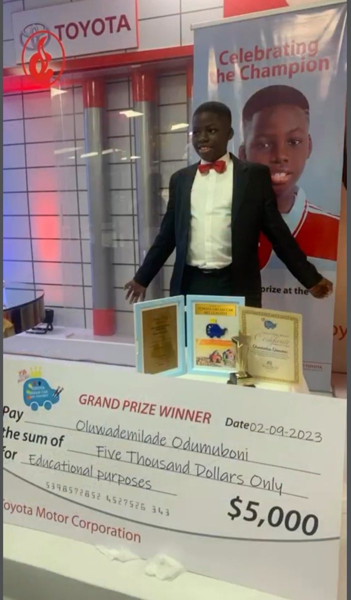 PeterObi's tweet image. I just read the reports of a 10-year-old Nigerian schoolchild, Oluwademilade Odumuboni, who won the global grand prize for the 2022/23 edition of the Toyota Dream Car Art Contest. He achieved the feat after beating 782,852 other contestants from 90 countries.