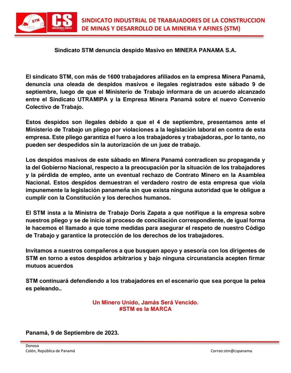 EduardoGilQ1's tweet photo. Más de 100 despidos en un día. Dónde quedó la supuesta responsabilidad social de @MineraPanama atención @MitradelPma #pueblounido https://t.co/bqPgHKVYnt