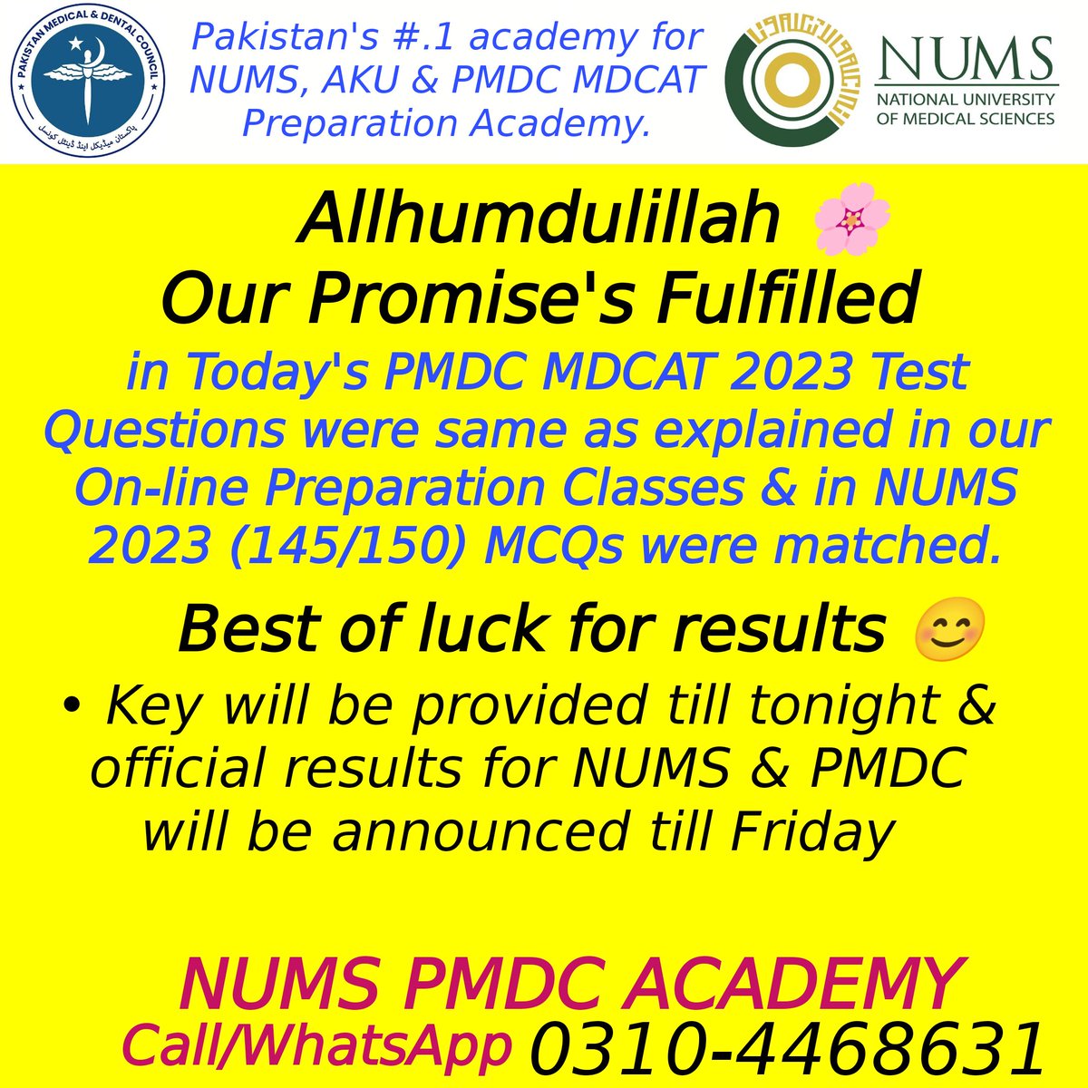 NumsPmc's tweet photo. Today's PMDC (UHS ETEA JSMU BMC &amp; SZABMU) MCQs 100% matched with our On-line MDCAT Preparation Classes 2023.

&amp; in NUMS 2023, 145+/150 MCQs &amp; in PMDC MDCAT 2023 100% MCQs matched.

: نَصْرٌ مِّن اللَّهِ وَفَتْحٌ قَرِيب " 
Help from Allah
#MDCAT #MDCATKey #MDCATResults #PMDC #NUMS https://t.co/hskHnMaP77