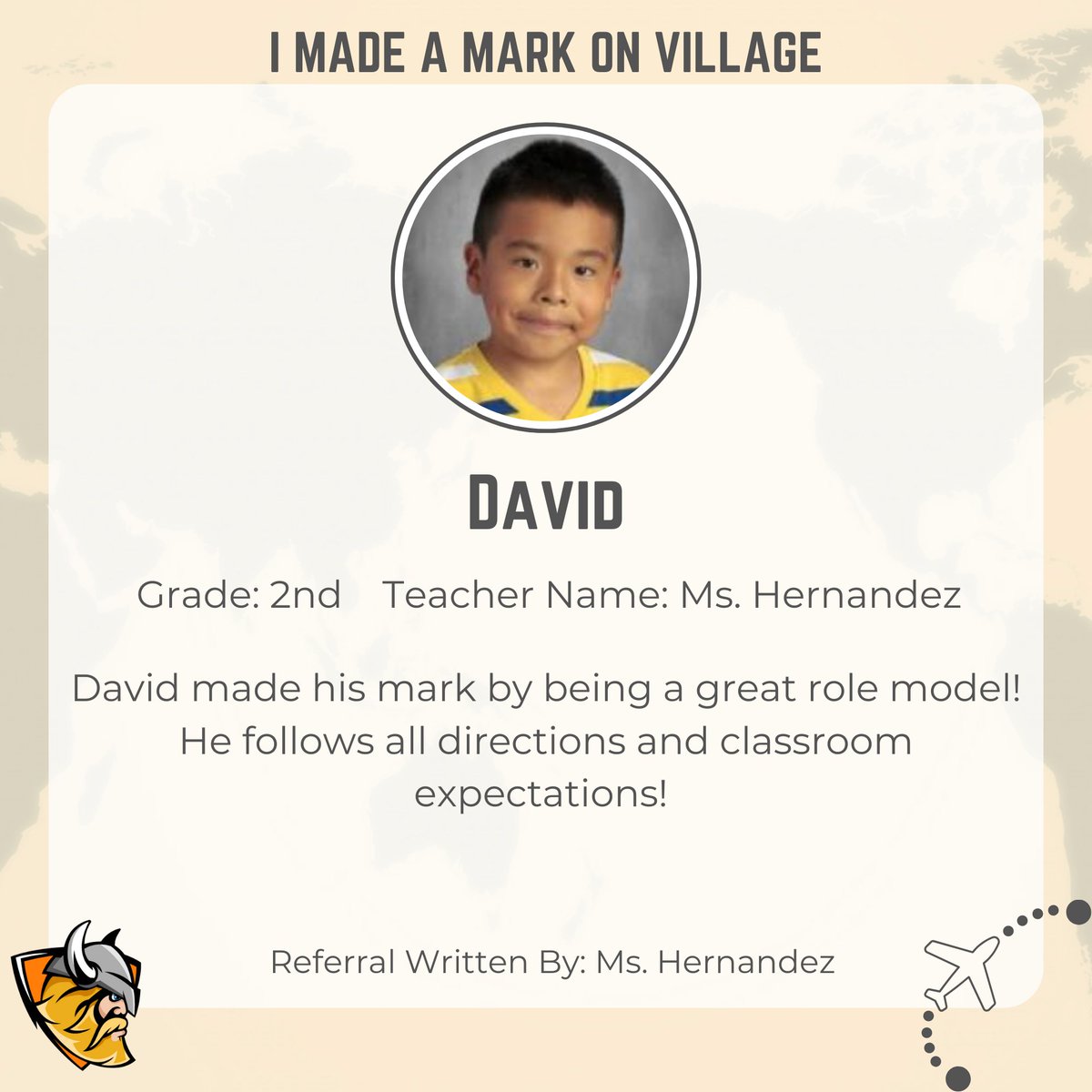 RLVillageSchool's tweet photo. Congratulations to this 2nd grader, David, who made his mark by being a great role model! He follows all directions and classroom expectations! Village is proud of you!
#116Pride #positivereferral #villagevikings116 #WeAreRL https://t.co/6SSZPAdey7